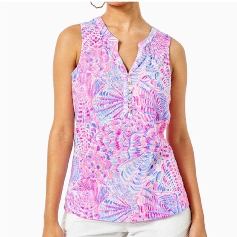 Lilly Pulitzer Essie Tank Top XS Berry Sea You Soon Pink Blue Print Summer - Picture 2 of 14